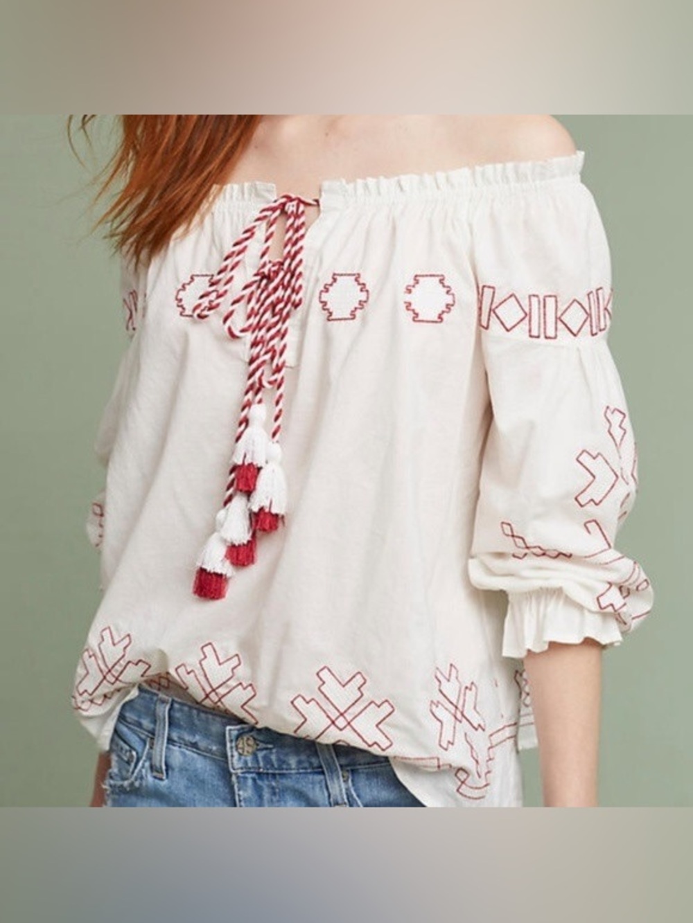 Boho Off-Shoulder White Embroidered Blouse with Red Tassel Tie
